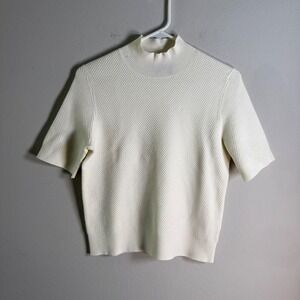 Theory Jodi SI Fine Bilen Ivory Textured Mock Neck Short Sleeve Knit Top Size M‎